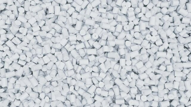 Pan over white plastic polypropylene granules, masterbatch polymer grain. HDPE or PVC resin pellets. 3d render animation