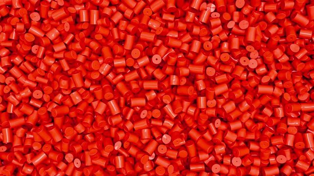 Pan over red plastic polypropylene granules, masterbatch polymer grain. HDPE or PVC resin pellets. 3d render animation