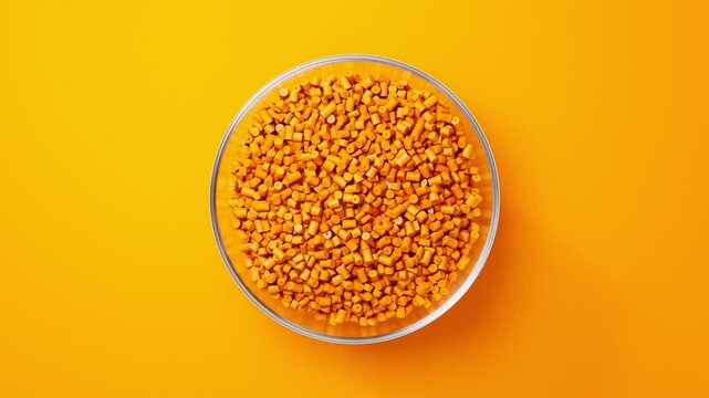 Rotating glass bowl with orange plastic polypropylene granules, masterbatch polymer grain on orange backdrop. HDPE or PVC resin pellets. 3d render animation