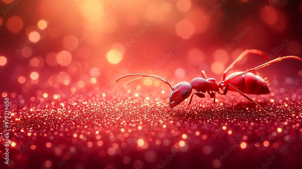 Poster a red ant crawls on a sparkling surface, with a red bokeh background.