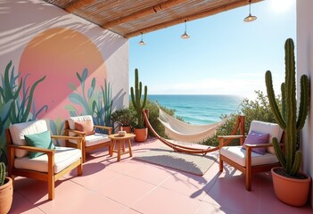 Obraz premium Instagram-Worthy Boho Terrace: Ocean Views, Cactus Garden, and Colorful Mural