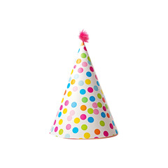 Party hat with a white background and colorful polka dots, featuring a vibrant red top. Perfect for festive celebrations and birthday parties. Generative AI