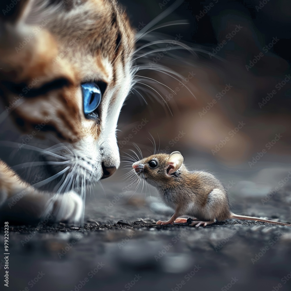 Poster curious cat and tiny mouse a close encounter between predator and prey on a blurred background