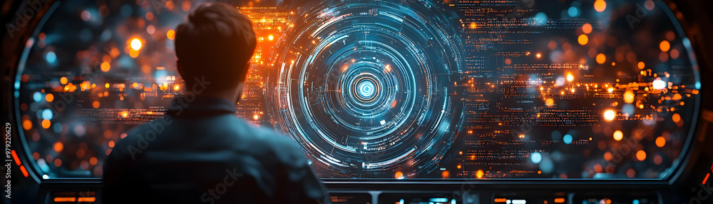 Poster digital illustration of a pilot viewing data on a futuristic spaceship interface