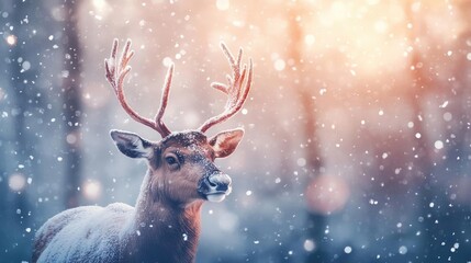 A majestic deer stands amidst falling snow, capturing the serene beauty of winter in a tranquil forest setting.