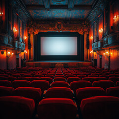 Fototapeta premium cinema, theater, vorführung, kino, theater, bildschirm, film, auditorium, film, bühne, seat, wahlkamf, kontzert, veranstaltung, leer, voll, rot, samt, ausgehöhlt, drapiert, stuhl, rot, innenausstattun