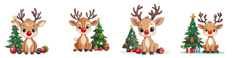 Fototapeta premium Cute reindeer characters surrounded by Christmas trees, perfect for festive designs and holiday themes.