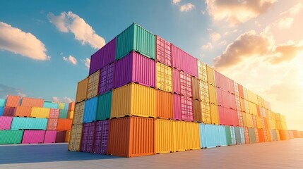 Fototapeta premium Shipping containers stacked, global trade logistics, 3D illustration