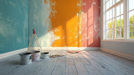 A room makeover in progress, with paint and brushes scattered around the floor, and a partially painted wall showing the transition from old to new colors