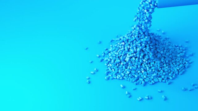Blue plastic polypropylene granules pouring from cup on a pile of granules, masterbatch polymer grain on blue backdrop. HDPE or PVC resin pellets. 3d render animation