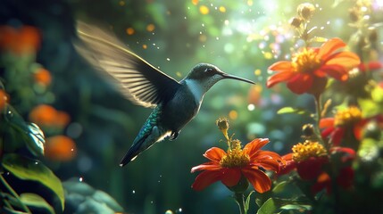 A hummingbird hovers near bright flowers in a garden, its delicate form and rapid wing beats creating a beautiful natural scene