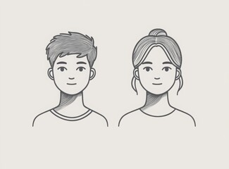 Two minimalist line art icons, one of an adult male and the other for a female icon with a grey background. Both should have short hair and be facing forward.