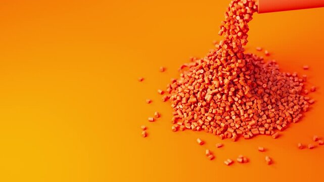 Orange plastic polypropylene granules pouring from cup on a pile of granules, masterbatch polymer grain on orange backdrop. HDPE or PVC resin pellets. 3d render animation