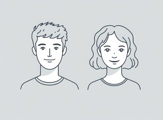 Fototapeta premium Two minimalist line art icons, one of an adult male and the other for a female icon with a grey background. Both should have short hair and be facing forward.
