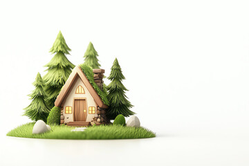 Charming miniature house surrounded by lush green trees and soft grass, ideal for representing nature and tranquility.
