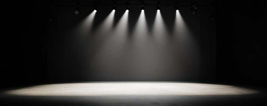 Empty stage with dim lighting, perfect for performances, presentations, or creative projects. Ideal backdrop for various uses.