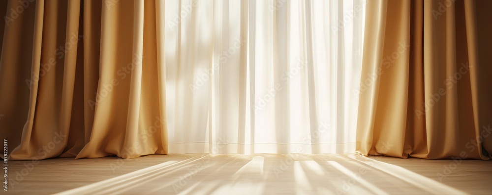 Poster sunlight filters through elegant curtains, creating a warm and inviting atmosphere in a serene inter