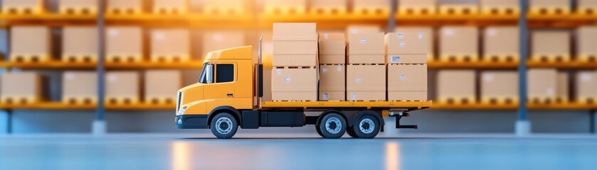 Delivery truck, unloading cargo at distribution center, 3D illustration