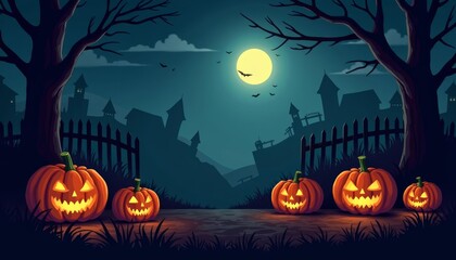 Fototapeta premium Spooky Halloween scene with jackolanterns and a full moon
