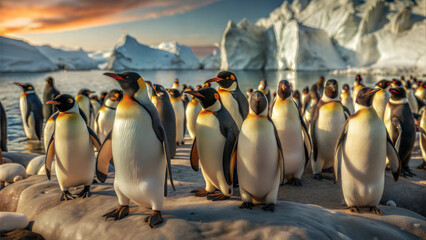 Obraz premium Penguin colony background with distant silhouettes of icebergs at sunset