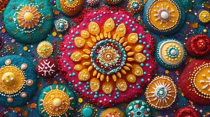 Colorful decorative stones arranged in intricate patterns, showcasing artistic craftsmanship and vibrant colors.