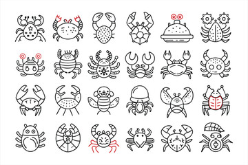 Flat Crab Icon Set: Marine Life Illustrations, Ocean Animal Icons for Web, Mobile Apps, UI Design, Digital Platforms, Vector Graphics, Flat Style, Sea and Beach Themes.