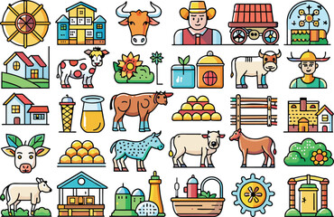 Fototapeta premium Cow flat icon set Includes Moo, Horns, Udder, Farmyard, Livestock and more. vector illustration 