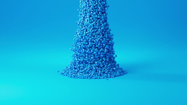 Blue plastic polypropylene granules pouring into glass cup, masterbatch polymer grain on blue backdrop. HDPE or PVC resin pellets. 3d render animation