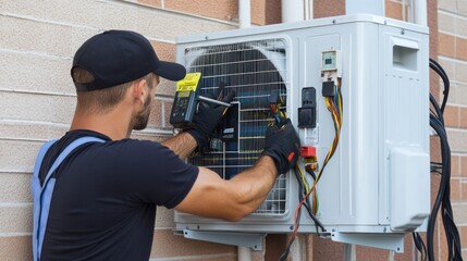 A skilled handyman performing home repair tasks, including air conditioner installation, with detailed attention to wiring and safety standards, set in a modern home