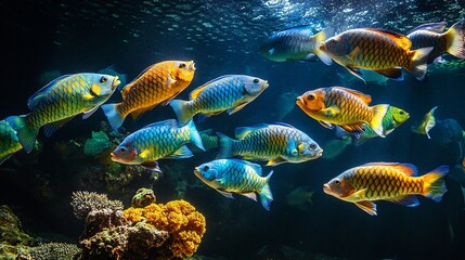 Fototapeta premium A school of colorful fish swimming in a dark blue ocean with coral reefs in the background.