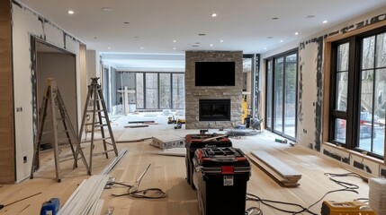 A smart home renovation project in progress, featuring state-of-the-art tools and equipment, with a focus on integrating smart technology into the interior design