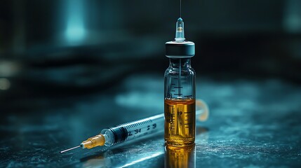 Closeup of a testosterone replacement therapy vial and syringe on a sterile surface, representing mens health and hormone therapy with copy space