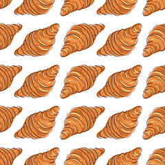 Seamless pattern with croissants in hand drawn style. Design for bakery, food packaging, restaurant menu or cafe branding.