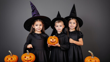 Children in witch costumes celebrating Halloween with pumpkins indoors