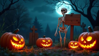  Eerie Halloween scene with skeleton and jackolanterns