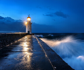 Lighthouse su di un molo in liguria , di notte, con mare mosso