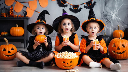 Fototapeta premium Three children in Halloween costumes enjoy snacks and decorations indoors
