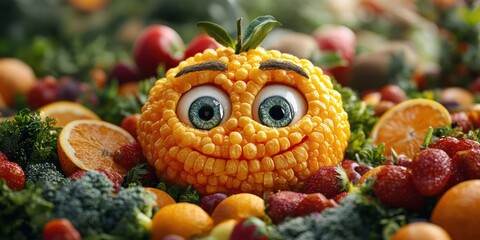 A magical city where vegetables and fruits are full of life with unique traits and eyes