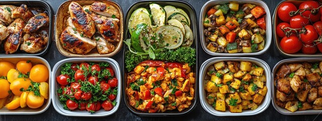 Varied food collage. Assortment of dishes from vegetables, meat and pasta. Delicious food made from chicken meat and vegetables.