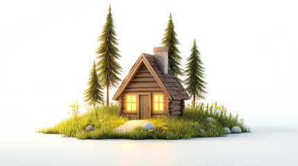 Cozy wooden house surrounded by lush greenery and tall trees, perfect for a peaceful retreat in nature.