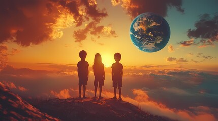 Three children silhouetted against a stunning sunset, gazing at a distant Earth.