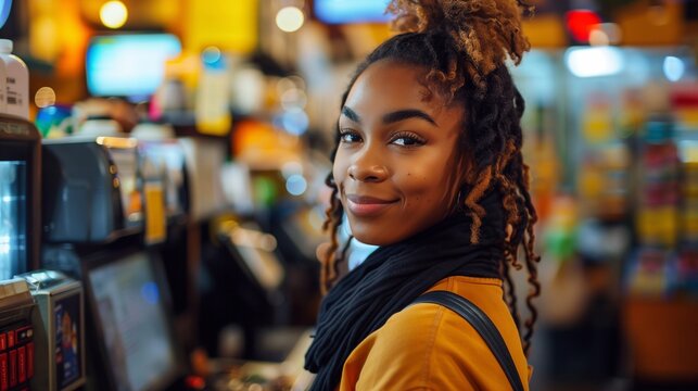 A young cashier interacts with customers while managing transactions in a lively retail environment