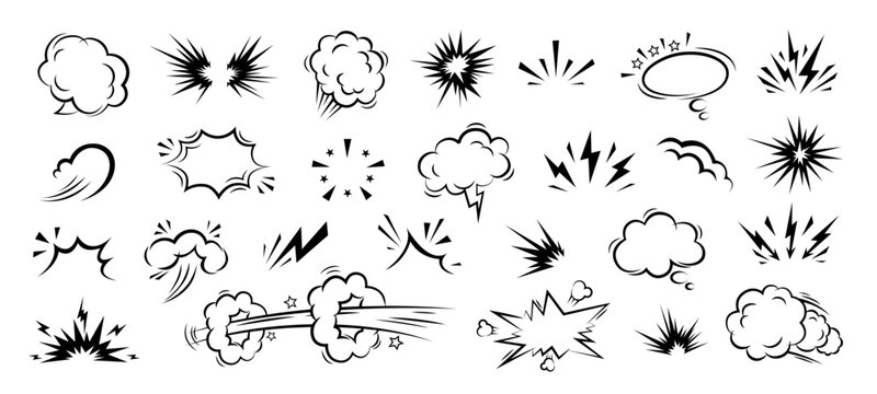 Hand drawn anime manga doodle line elements set. Collection of graphic effects for character emotion, speech bubble. Vector illustration of express shape, anime movement on white background 