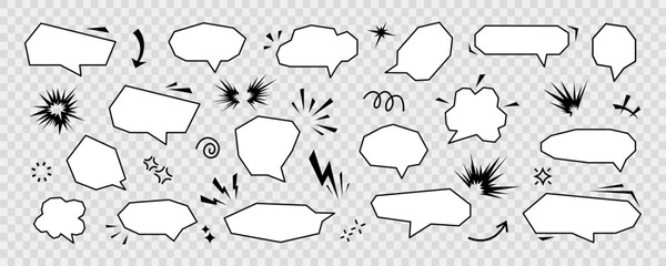 Hand drawn anime manga doodle line elements set. Collection of graphic effects for character emotion, speech bubble. Vector illustration of express shape, anime movement on transparent background 