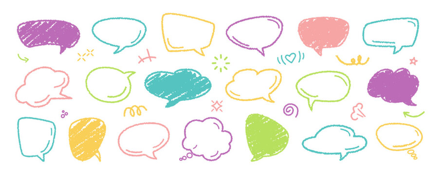 Empty colorful hand drawn grunge crayon, charcoal, chalk speech bubbles set in doodle style. Hand drawn crayon cloud message. Vector balloon speak sign dialog communication frame