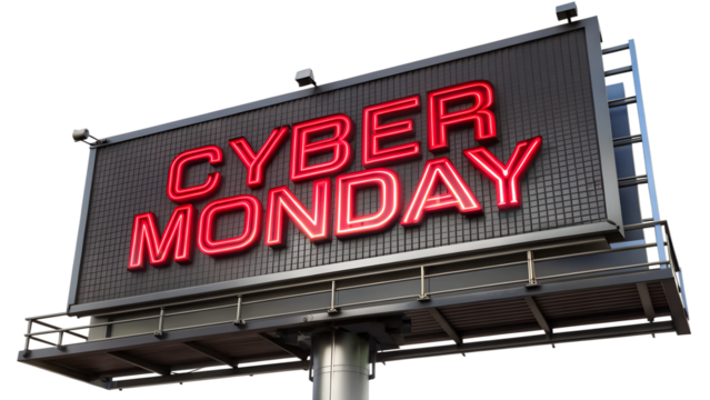Illuminated Cyber Monday billboard displaying vibrant red letters, capturing the excitement of online shopping deals.