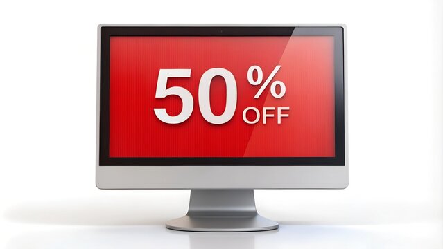 A modern computer monitor displaying a bold '50% OFF' discount on a vibrant red background, perfect for promotions.