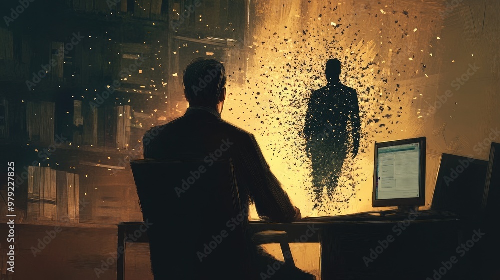 Poster A mysterious scene of an office worker, with a shadowy figure behind him disintegrating into particles, evoking a sense of fading presence