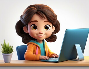 Charming 3D Cartoon Girl: Engaged and Cute While Working on Her Computer"