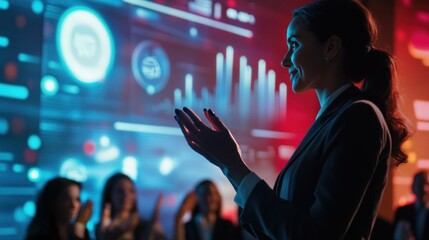 A woman receiving a corporate leadership award in a formal setting, with a large screen displaying her name and achievements, and colleagues applauding in the background